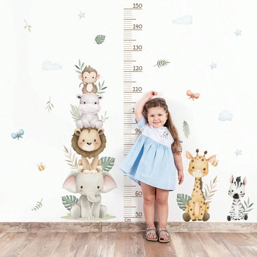 Animal Stacked Elephant,Lion,Giraffe Height MeasureWall Sticker