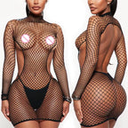 Women Fishnet Long Sleeve Bodycon Underwear Bodysuits Mesh Hollow Mini Dresses Sexy Crotchless Lingerie Erotic Teddies Bodysuit