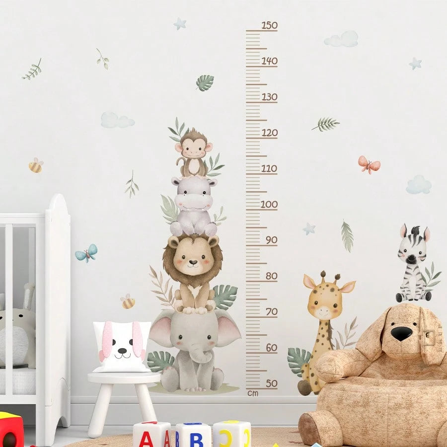 Animal Stacked Elephant,Lion,Giraffe Height MeasureWall Sticker