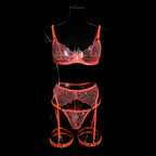 Sexy Orange Transparent Lips Embroidery 3Pcs Fancy Woman Bra and Panty Underwear Set with Leg Rings Erotic Lingerie Sets