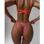 Sexy Orange Transparent Lips Embroidery 3Pcs Fancy Woman Bra and Panty Underwear Set with Leg Rings Erotic Lingerie Sets