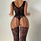 Women Fishnet Long Sleeve Bodycon Underwear Bodysuits Mesh Hollow Mini Dresses Sexy Crotchless Lingerie Erotic Teddies Bodysuit
