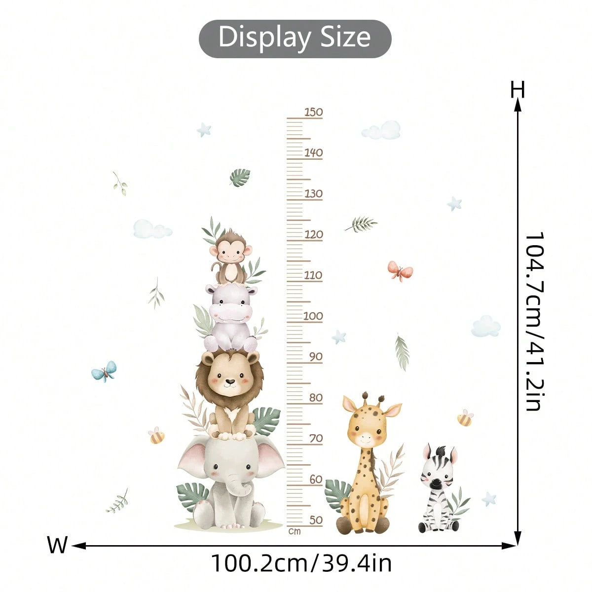 Animal Stacked Elephant,Lion,Giraffe Height MeasureWall Sticker