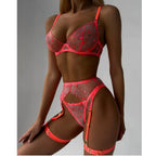 Sexy Orange Transparent Lips Embroidery 3Pcs Fancy Woman Bra and Panty Underwear Set with Leg Rings Erotic Lingerie Sets