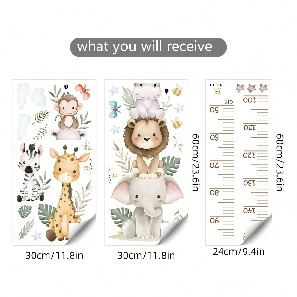 Animal Stacked Elephant,Lion,Giraffe Height MeasureWall Sticker
