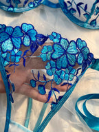 2Pcs/Set Sky Blue Embroidered Strap Ladies Sexy Lingerie Set