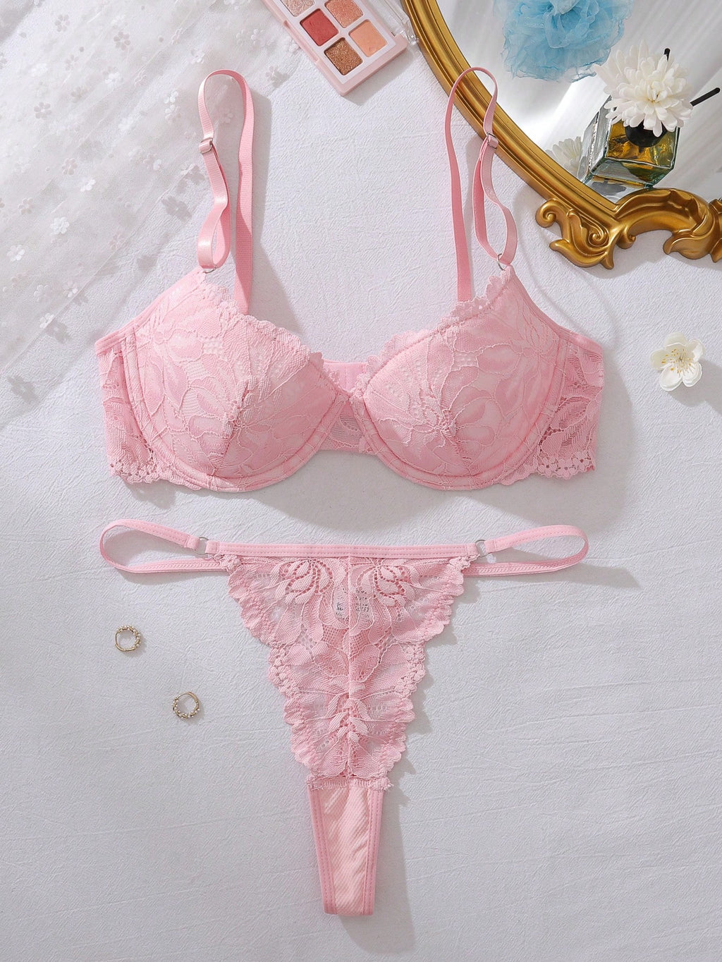 Floral Lace Underwire Bra & Panty Sexy Lingerie Set