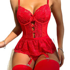 European Style Shapewear Bodysuit - Sheer Lace Backless Teddy with Heart Details (Sexy Lingerie)